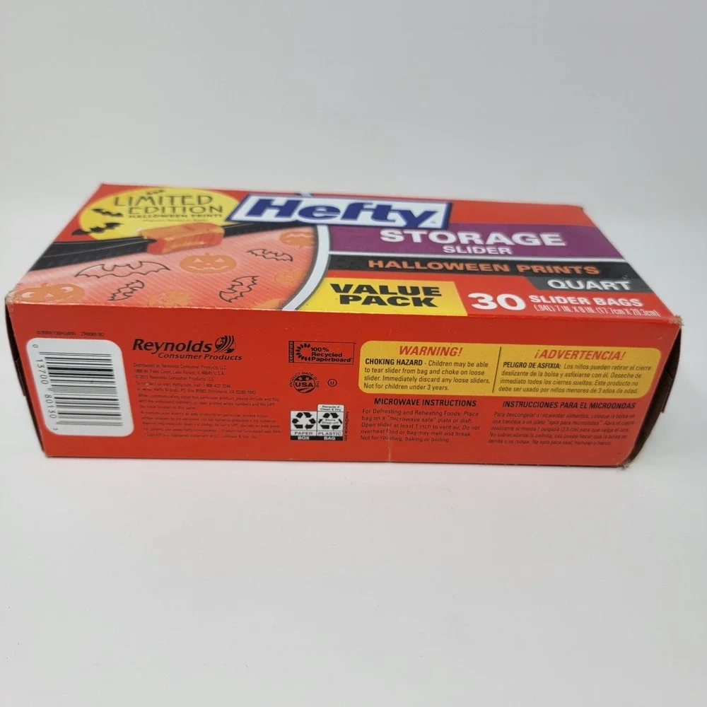 Hefty 2015 Halloween 30 Quart Storage Slider Bags Bats Pumpkins Limited Edition